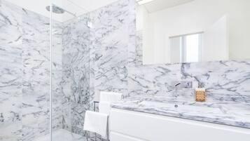 Shower, hair dryer, towels