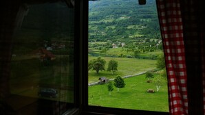 Vista desde una ventana con una cortina a cuadros rojos y blancos, que da a un paisaje verde con casas y árboles dispersos.