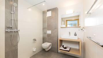 Shower, hair dryer, slippers, towels