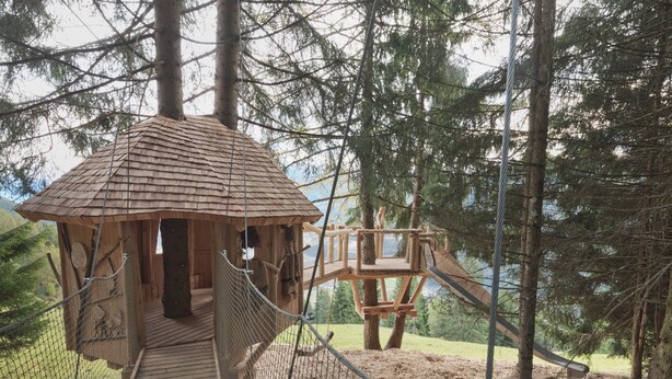 A wooden treehouse with a rope bridge and a slide, surrounded by tall trees. - Hieserhof (Neustift Im Stubaital)