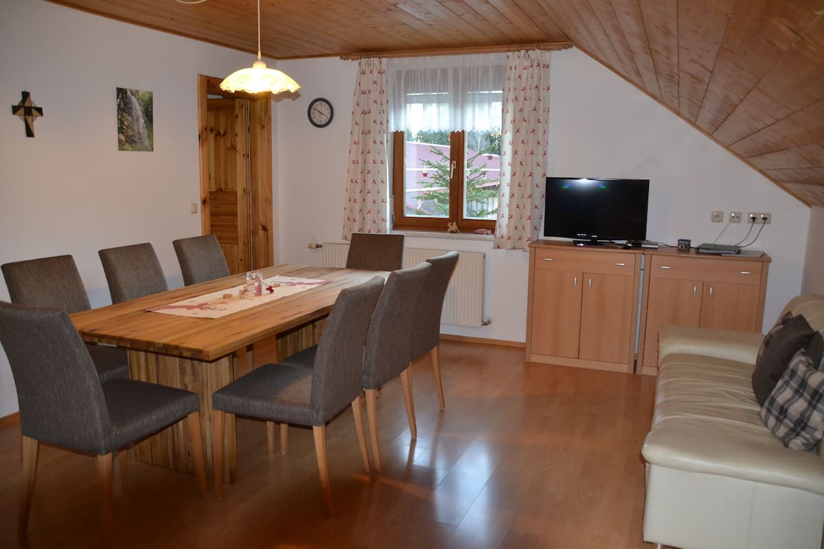 A dining area with a wooden table and chairs, a television on a cabinet, and a view of the outdoors through a window.