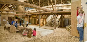 A wooden play area with slides and a log for children to sit on.