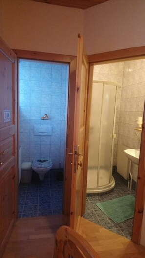 A bathroom with a toilet, a shower, and a sink. - Bio-Bauernhof Hipp-Bruckner (Großschönau)
