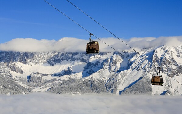 A cable car system in a mountainous area with snow-covered peaks and forested slopes.