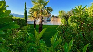 A well-maintained garden with palm trees and lush greenery, a swimming pool, and a clear blue sky. - The key to more freedom (Eppan an der Weinstrasse)