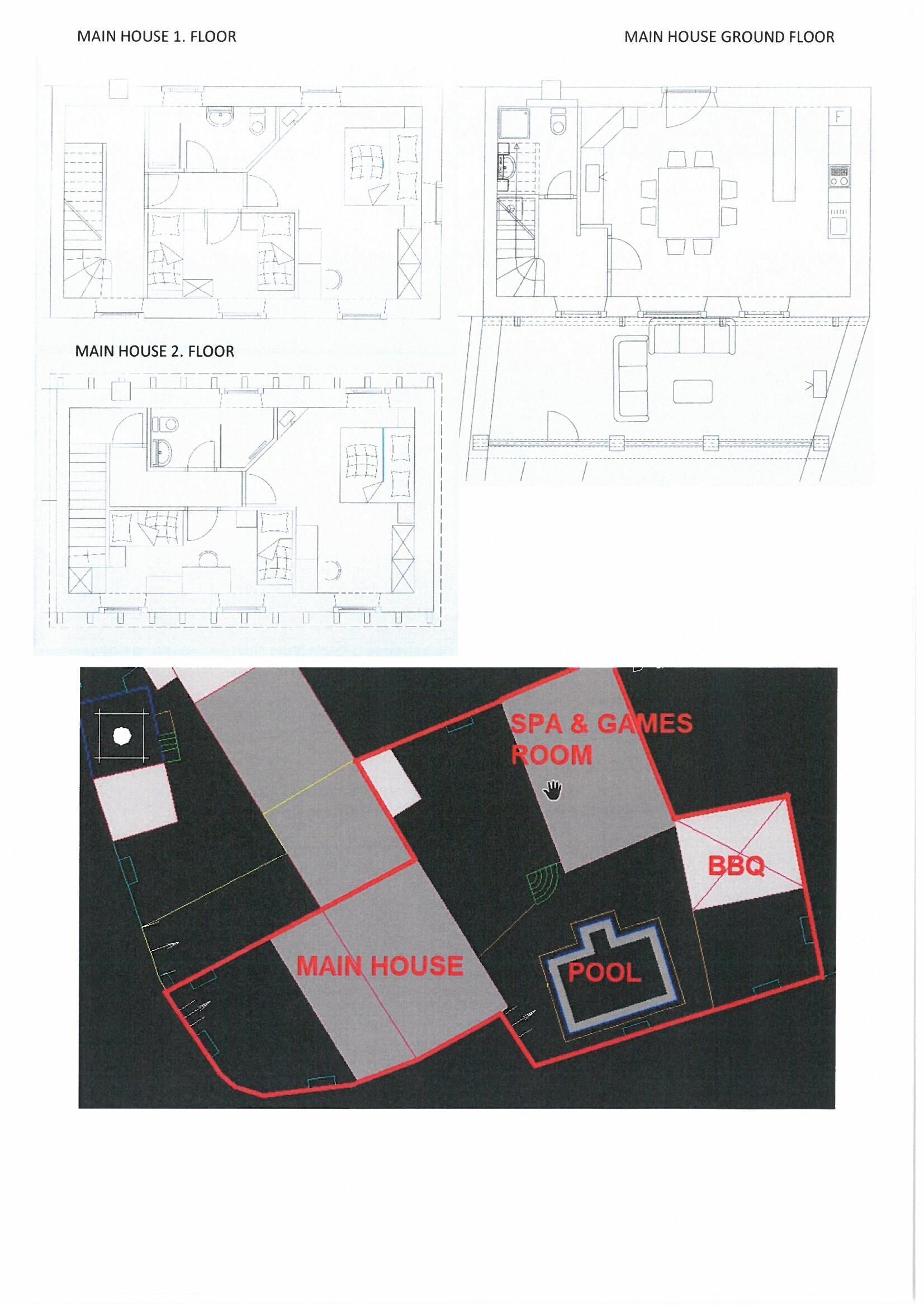 Floor plans of a main house with a pool, spa & games room, and BBQ area.