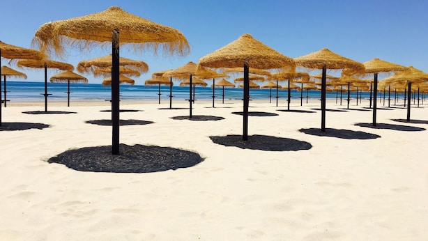 A beach with rows of thatched umbrellas and a clear blue sky.
