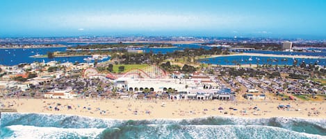 On the beach, sun loungers, beach towels