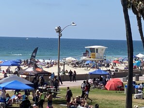 On the beach, sun loungers, beach towels