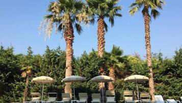 Hồ bơi ngoài trời phục vụ theo mùa, ghế dài tắm nắng