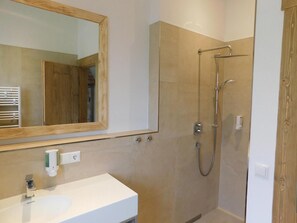 Une salle de bain moderne avec un lavabo blanc, un grand miroir et une douche à l’italienne.