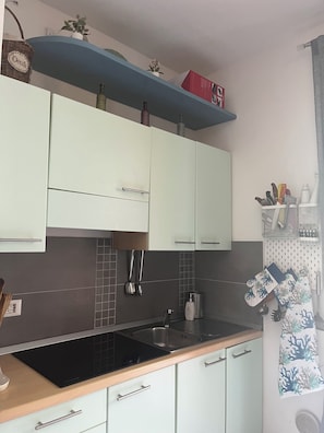 Fridge, microwave, stovetop, coffee/tea maker