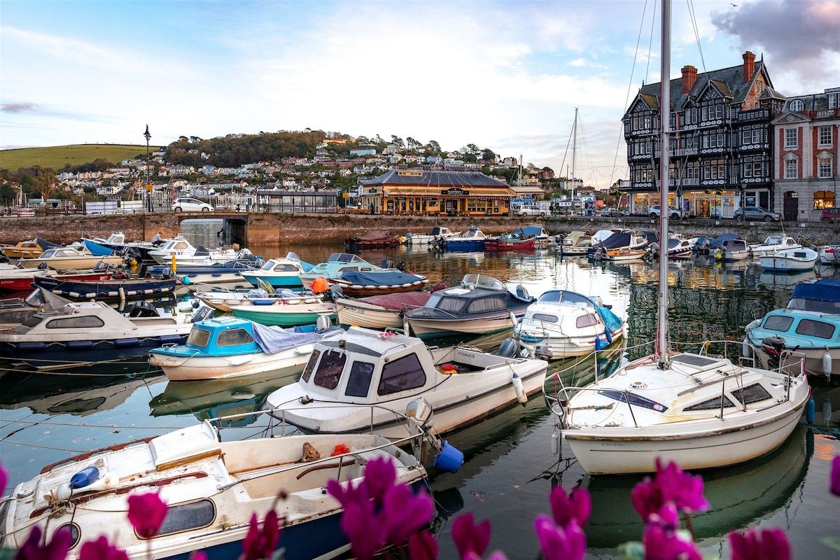 A marina with various boats docked, a building with a traditional facade, and a hillside in the background.