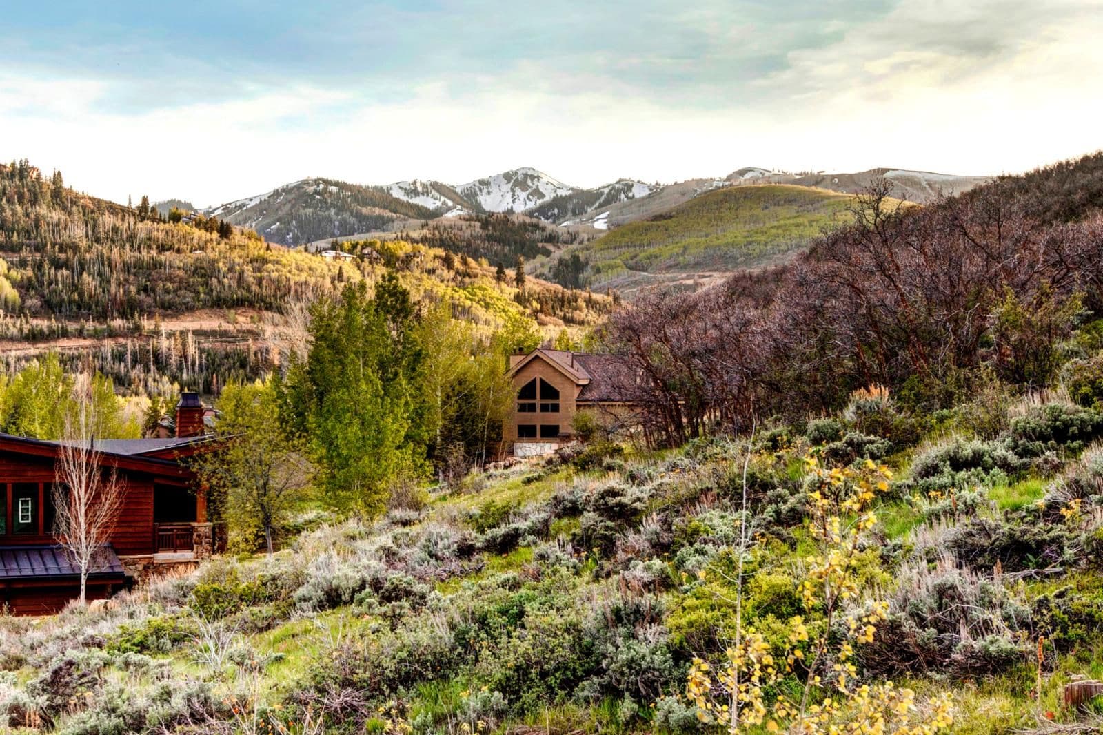 Une cabane dotée d’une grande fenêtre, entourée d’une forêt dense et avec des montagnes en arrière-plan.