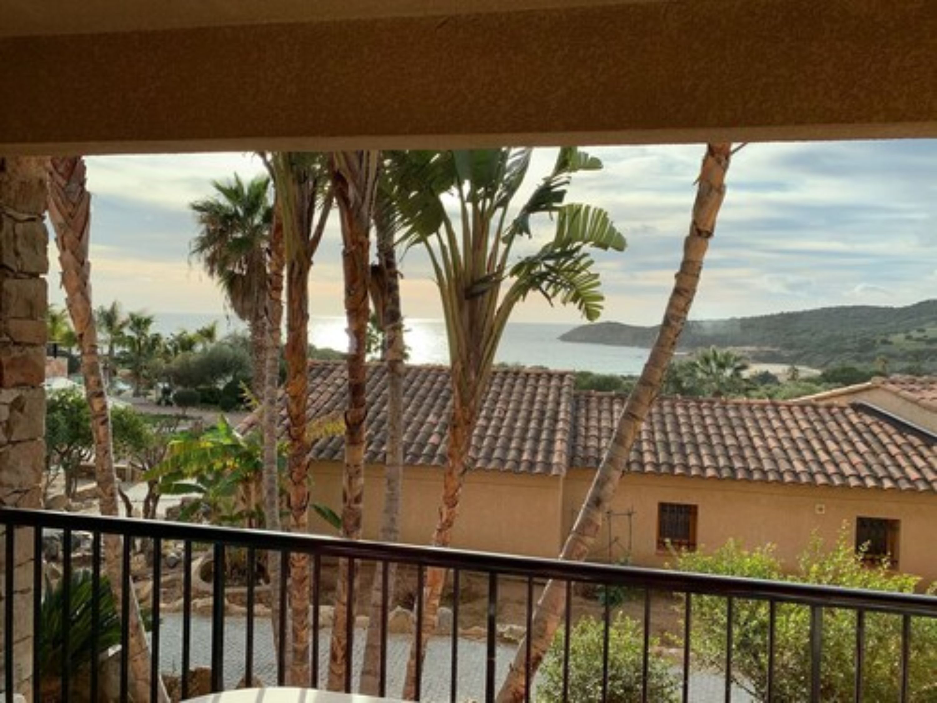 A balcony with a view of a coastal landscape, including palm trees and a building with a tiled roof.