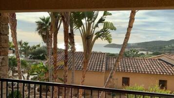 A balcony with a view of a coastal landscape, including palm trees and a building with a tiled roof.