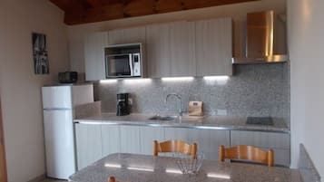 Apartemen, ensuite, pemandangan laut (t2 Etage) | Dapur pribadi | Lemari es besar, microwave, kompor, dan mesin pencuci piring