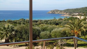 Un balcón con vista al mar, rodeado de vegetación y una casa al fondo.