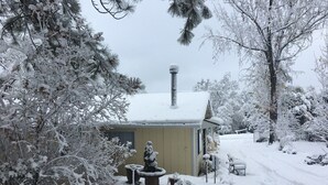 A snow-covered house with a chimney, surrounded by snow-laden trees and bushes.