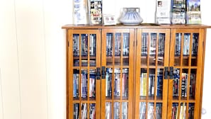 A wooden bookcase filled with books and DVDs, a painting of a mountainous landscape, and a small table with travel brochures.
