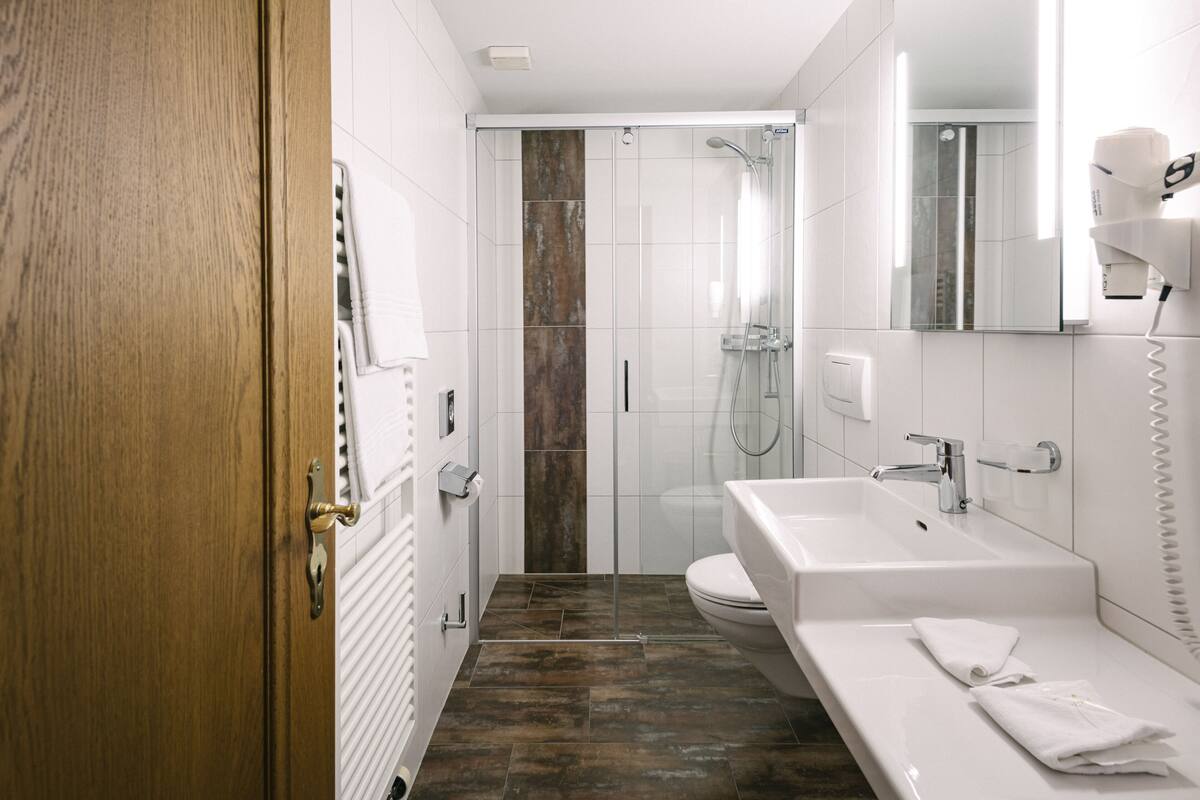 business single room | bathroom | shower, hair dryer, towels