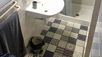 Shower, hair dryer, towels, toilet paper