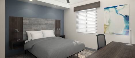 Un dormitorio moderno con cama, mesitas de noche, ventilador de techo, ventana con persianas y un cuadro en la pared.