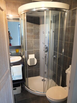Hair dryer, towels, soap, toilet paper
