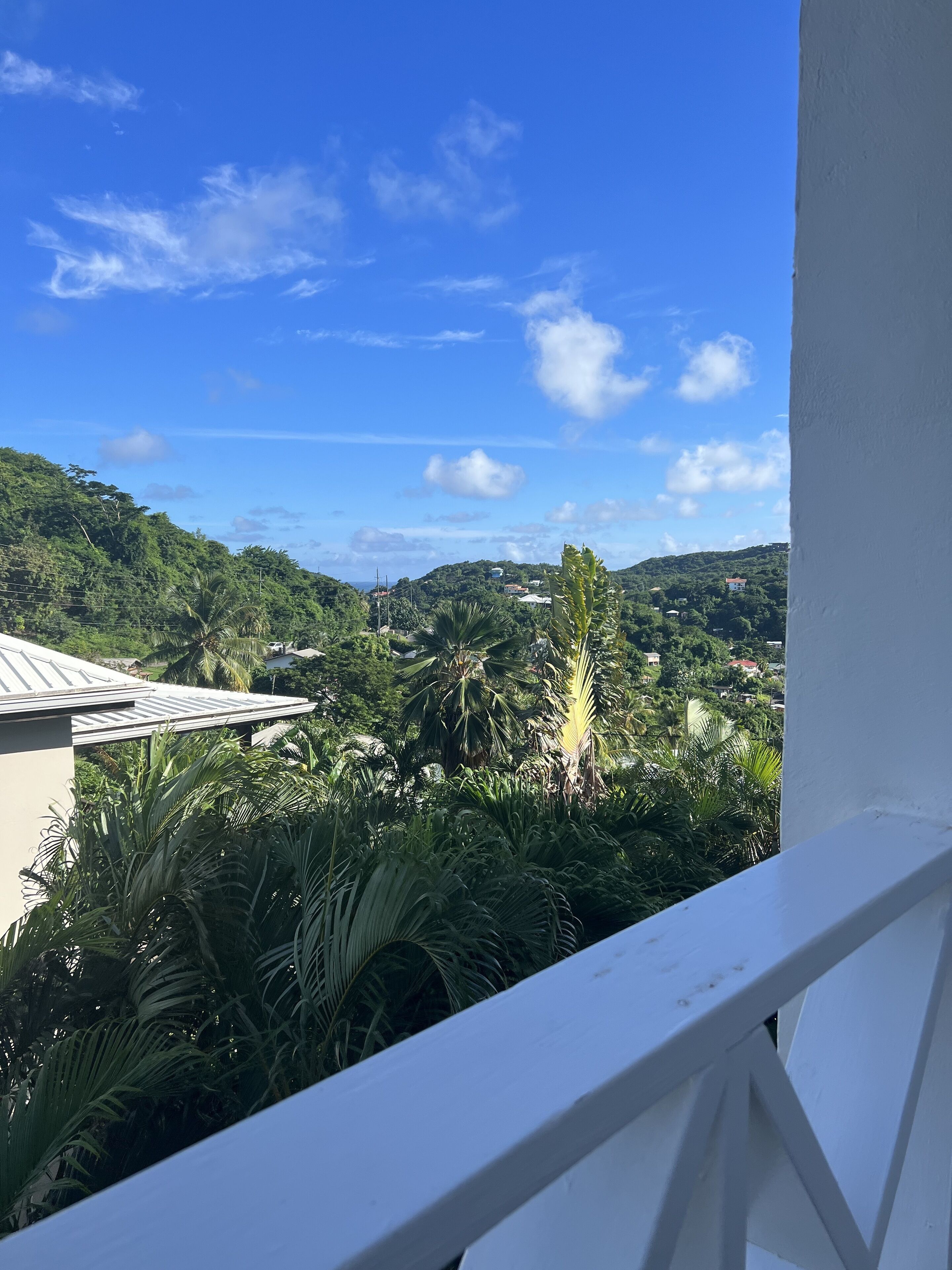 A balcony with a view of a lush green landscape, including hills and scattered buildings.