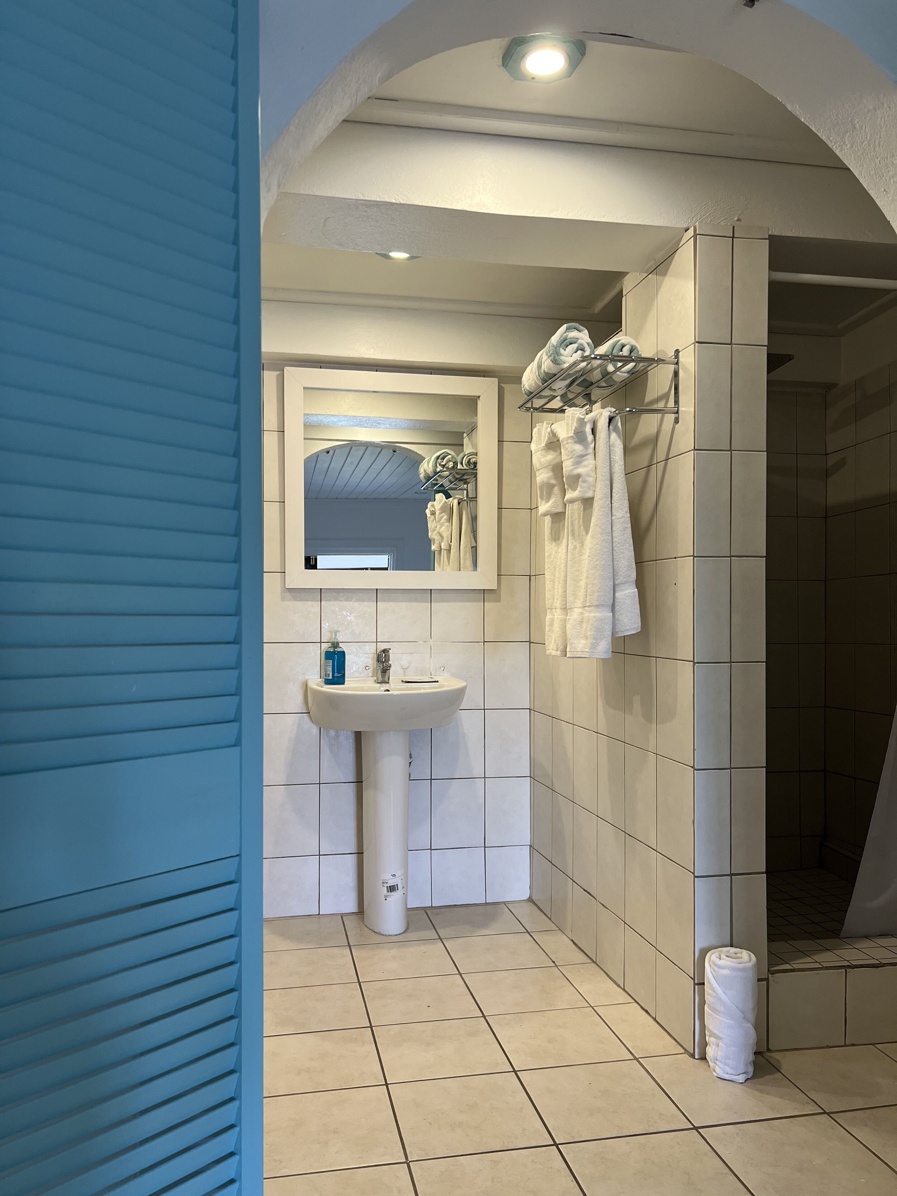 A bathroom with a sink, mirror, towel rack, and shower area.