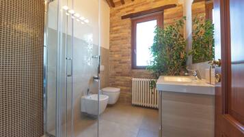 Shower, hair dryer, bidet, towels