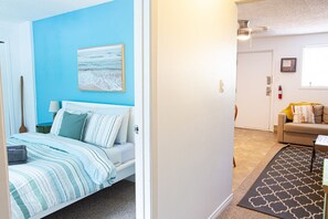 1 bedroom, desk, iron/ironing board, travel cot