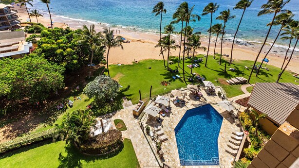 Um resort com piscina, praia e palmeiras.