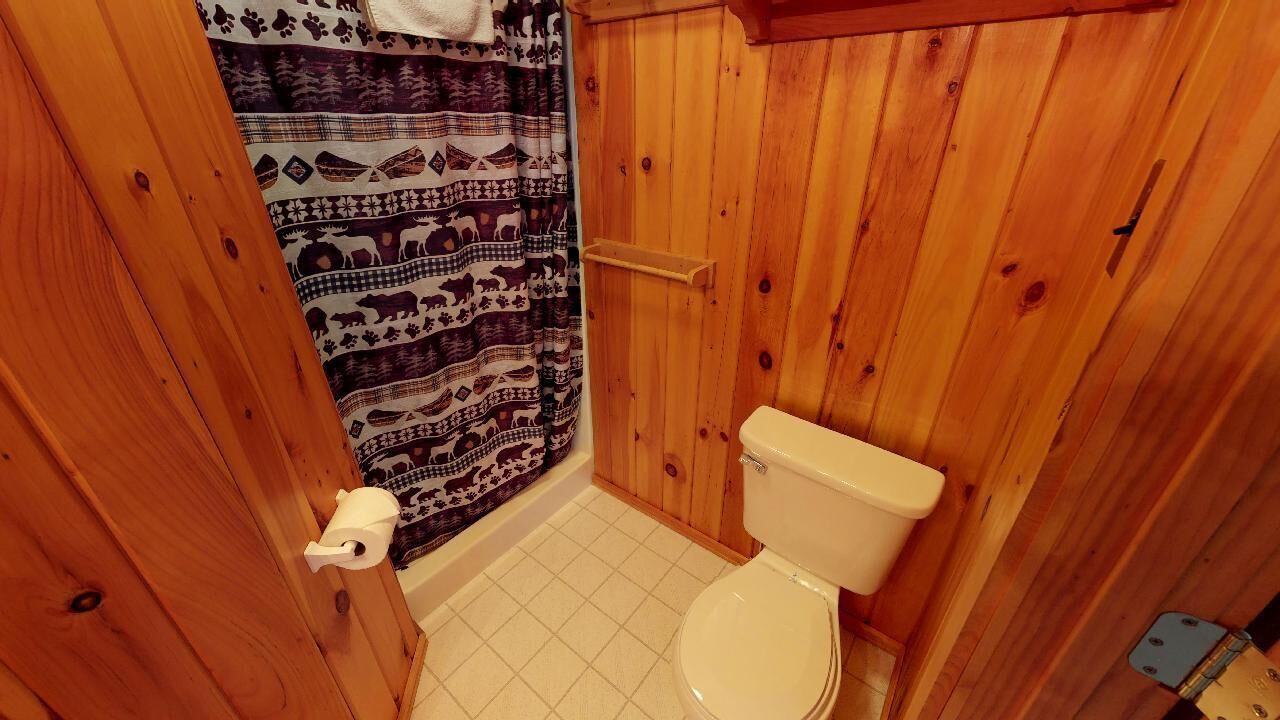Un baño pequeño con paneles de madera, un inodoro, una cortina de ducha con estampados de animales y un dispensador de papel higiénico.
