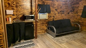 Una habitación compacta con kitchenette, un sofá y una alfombra.