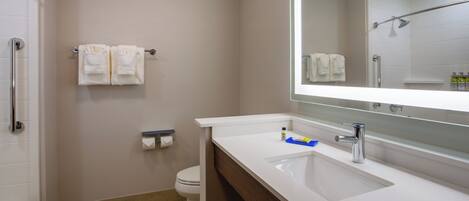 A bathroom with a white sink, a mirror, a toilet, and a shower area.