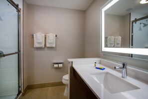A modern bathroom with a glass shower enclosure, a white sink with a large mirror, and two towel racks on the wall. - Holiday Inn Express & Suites Deland South by IHG (DeLand)