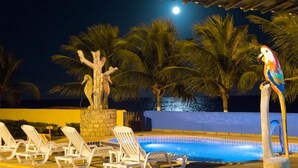 Un área de piscina nocturna con sillones de descanso, una estatua decorativa de un loro, palmeras y vista al océano.