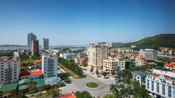 A cityscape with a mix of modern and historic buildings, a central roundabout, and a body of water in the background.