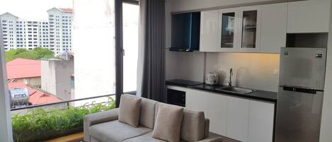 Fridge, microwave, stovetop, electric kettle