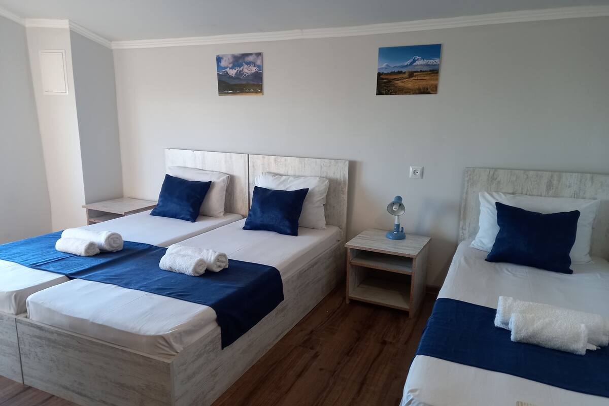 Una habitación de hotel con dos camas, cada una con ropa de cama azul y blanca, una mesita de noche pequeña con un ventilador y dos cuadros colgados en la pared.