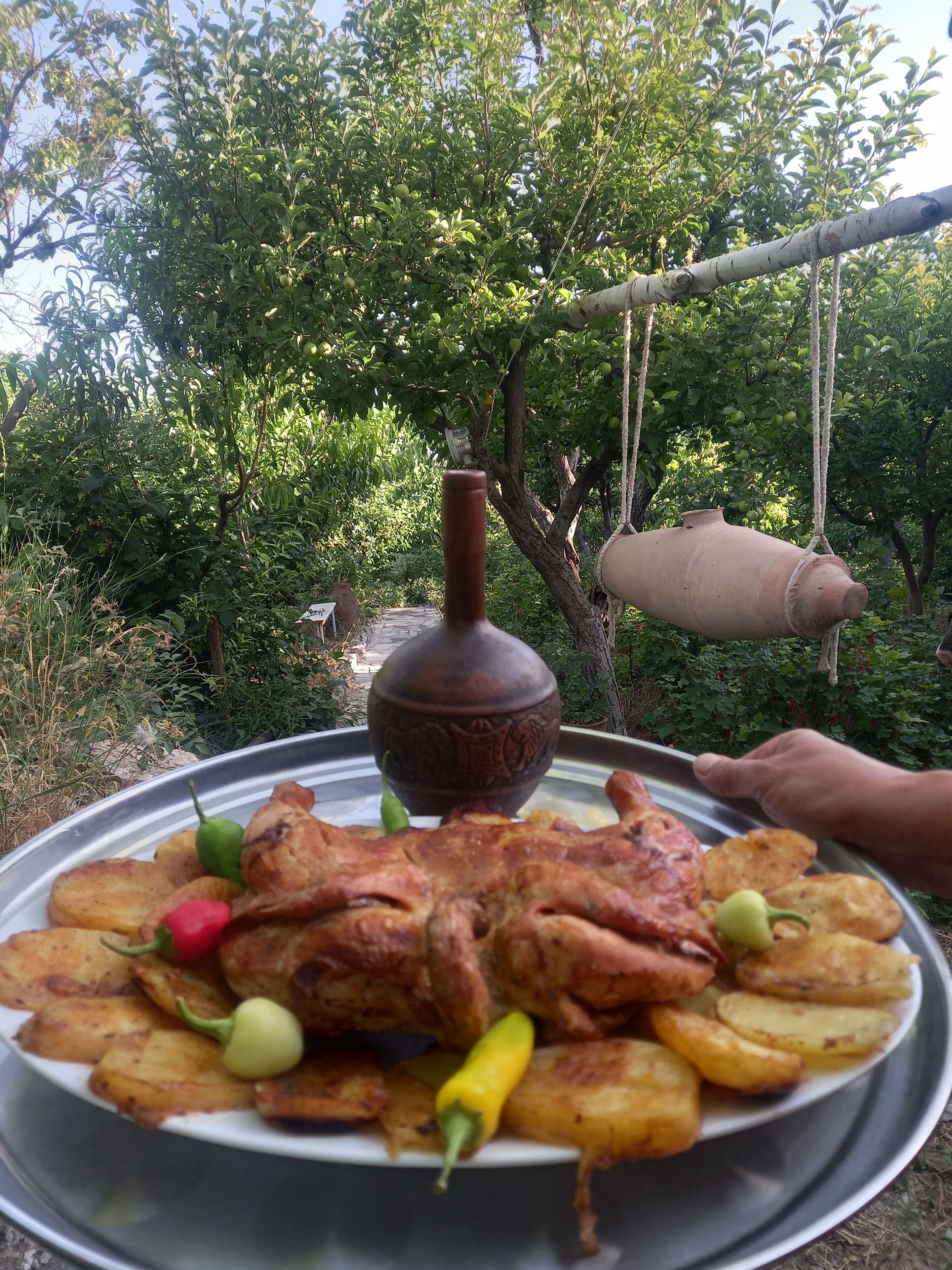 Bandeja de metal con patatas asadas, pollo a la parrilla y chiles.