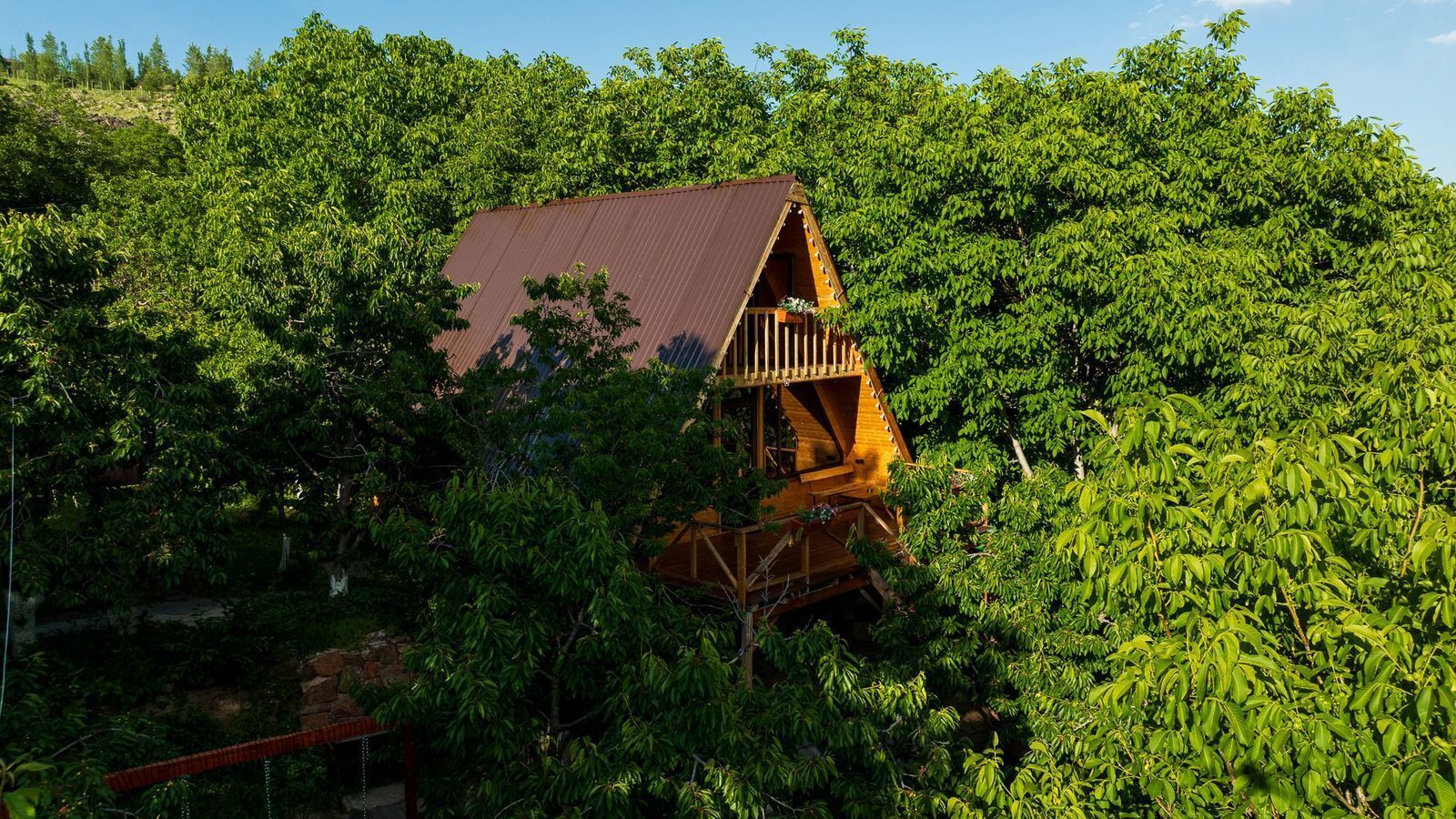 A wooden cabin with a sloped roof, surrounded by dense green foliage.