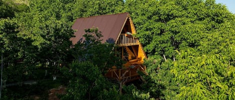 Una cabaña de madera con techo inclinado, rodeada de frondosa vegetación verde.