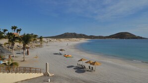Uma praia com guarda-sóis, espreguiçadeiras e palmeiras.