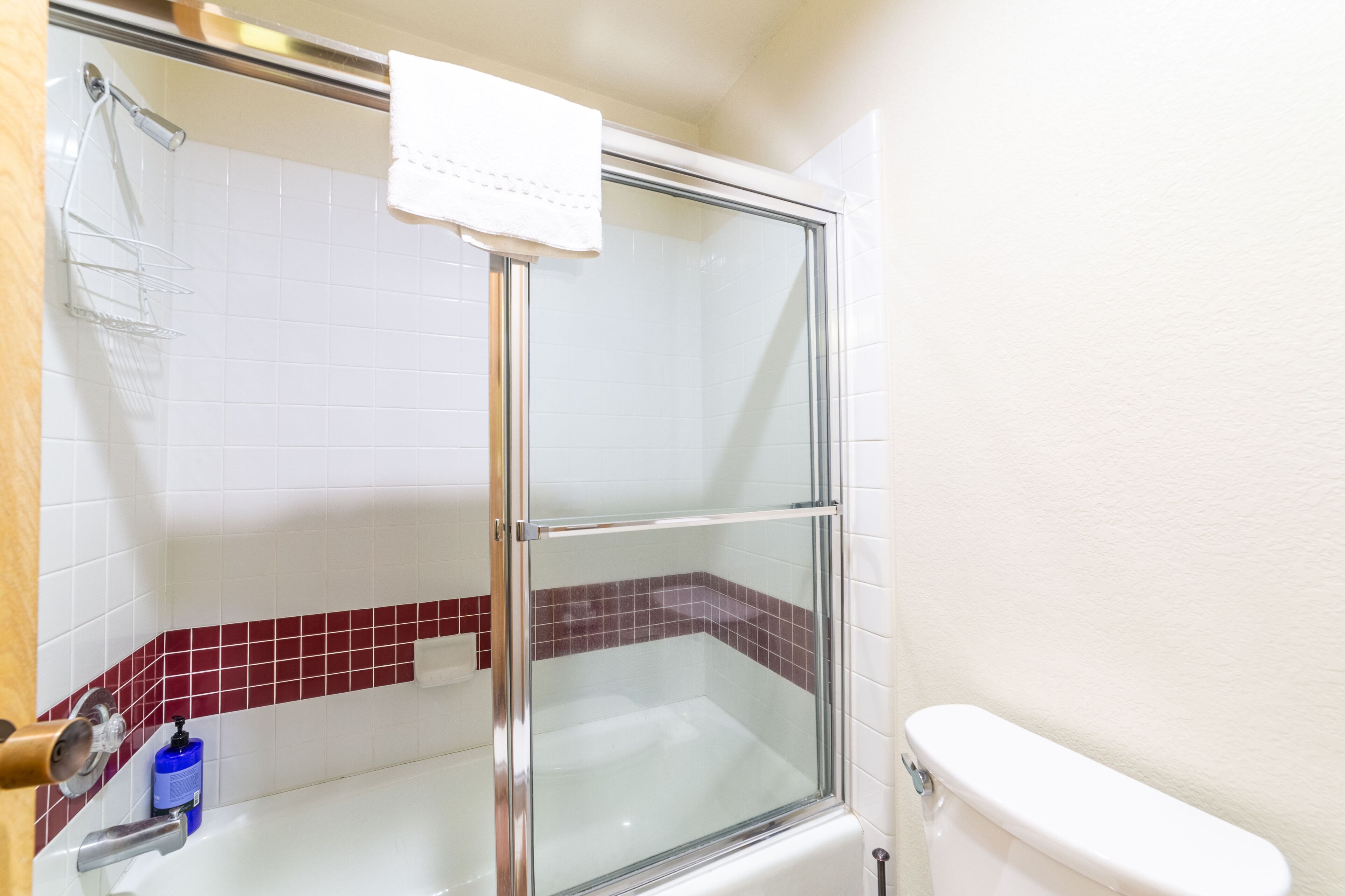 A bathroom with a glass-enclosed shower, a white bathtub, and a toilet.