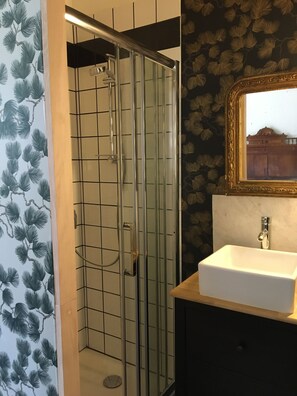 Regadera, jabón, shampoo, papel de baño