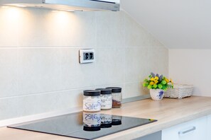 Apartamento, vista para o mar | Cozinha privada | Geladeira, fogão, cooktop, lava-louças