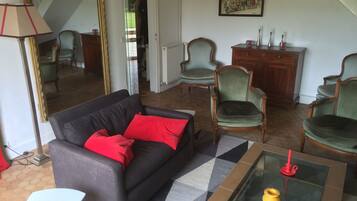 Televisie, een open haard, een dvd-speler en boeken