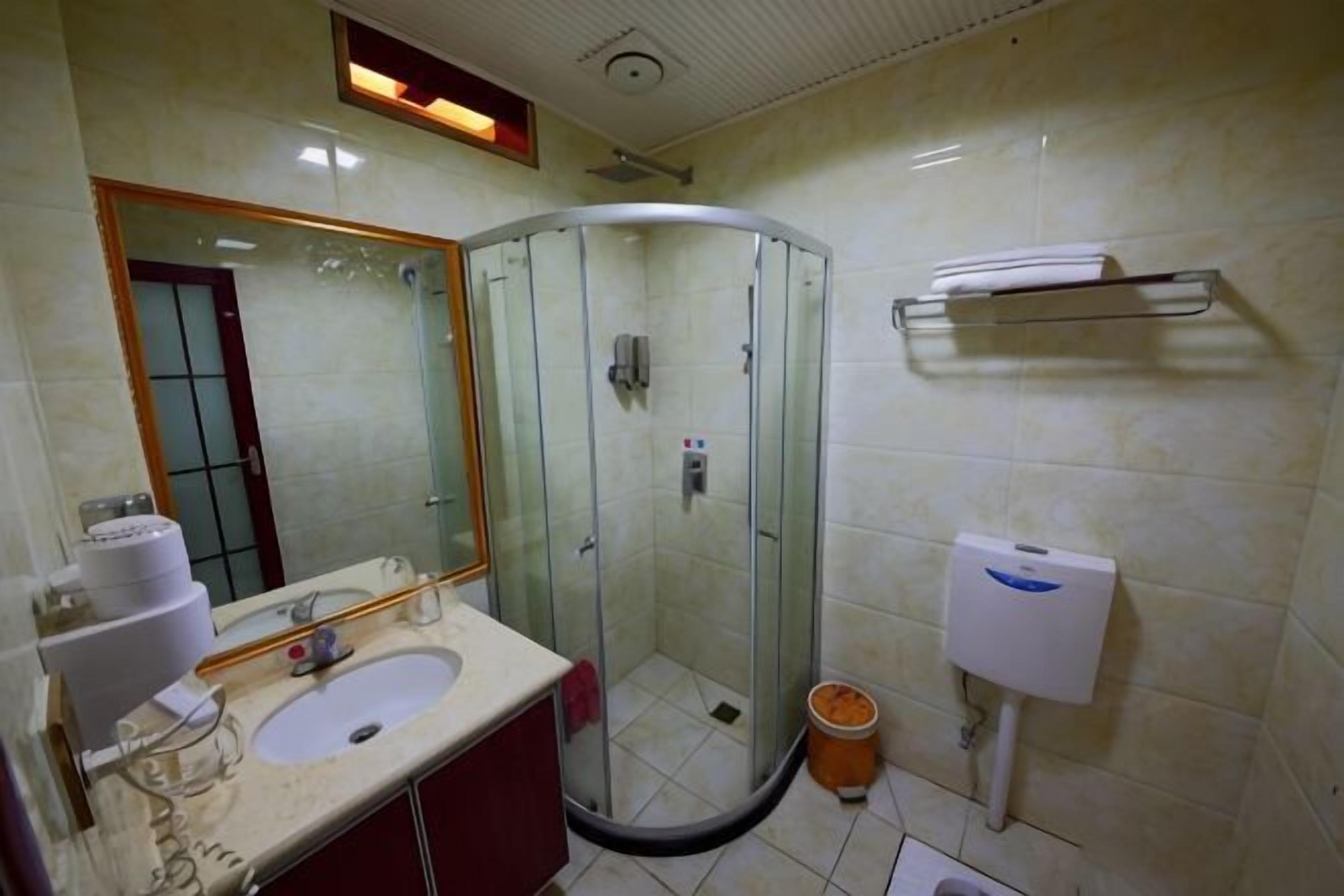 Een badkamer met een douchecabine van glas, een wastafel met spiegel, toilet en een handdoekhouder.